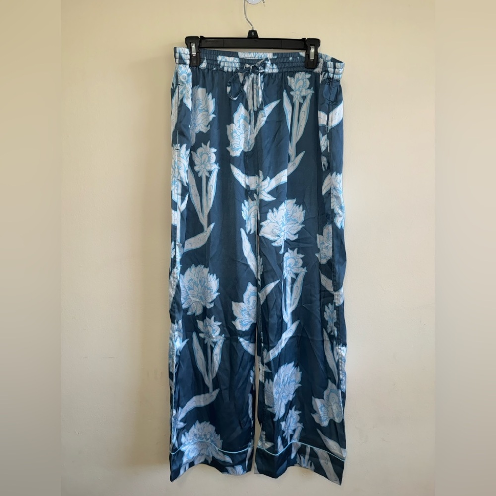 Anthropologie Omika Blue Floral Satin like Pajama Pant